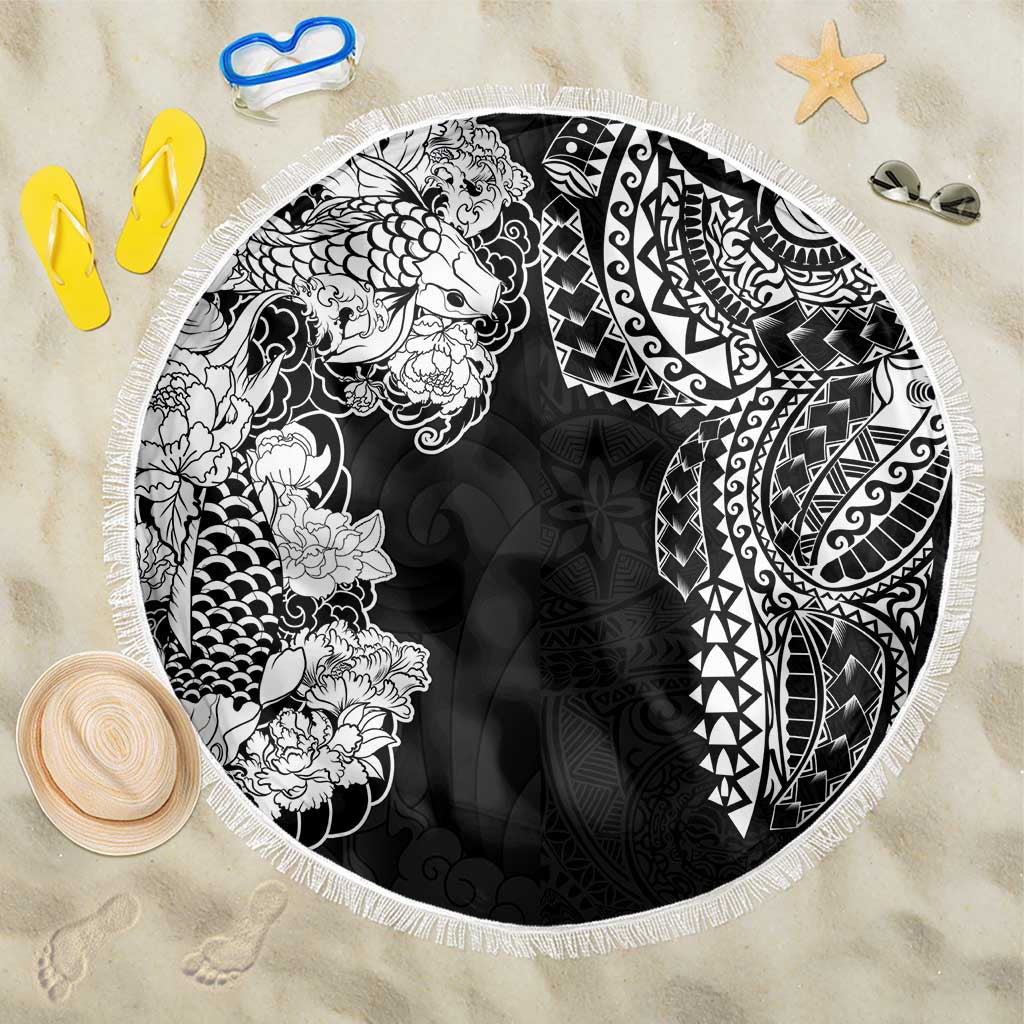 Japanese Irezumi and Hawaiian Polynesian Art Tattoo Beach Blanket Black Color LT03 One Size 150cm Black - Polynesian Pride