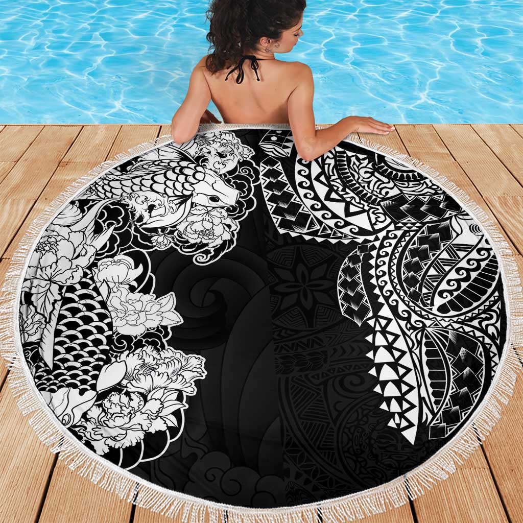Japanese Irezumi and Hawaiian Polynesian Art Tattoo Beach Blanket Black Color LT03 - Polynesian Pride
