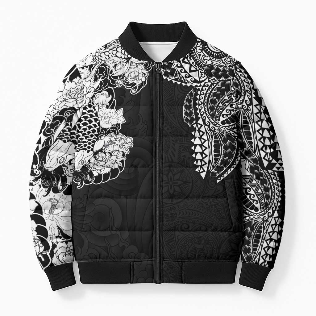 Japanese Irezumi and Hawaiian Polynesian Art Tattoo Bomber Puffer Jacket Black Color LT03 Unisex Black - Polynesian Pride