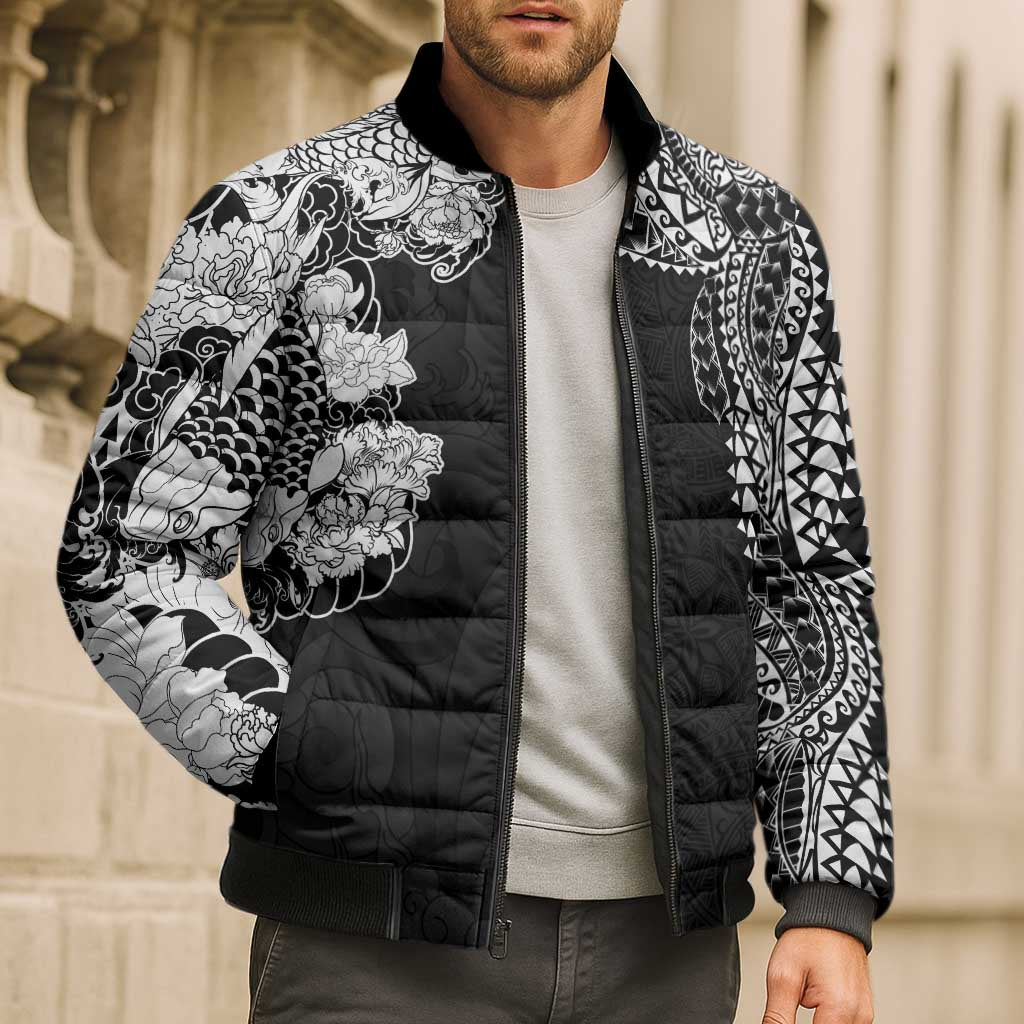 Japanese Irezumi and Hawaiian Polynesian Art Tattoo Bomber Puffer Jacket Black Color LT03 - Polynesian Pride