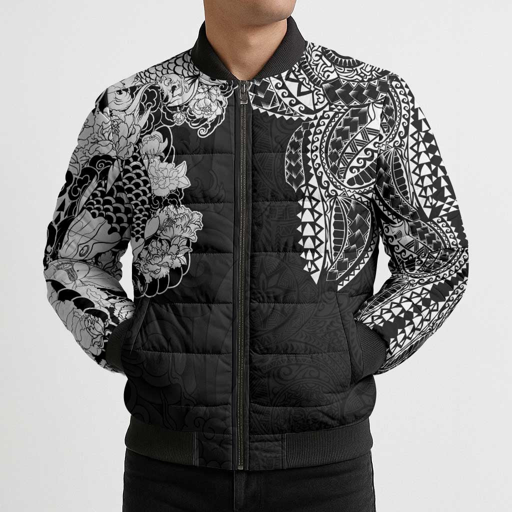 Japanese Irezumi and Hawaiian Polynesian Art Tattoo Bomber Puffer Jacket Black Color LT03 - Polynesian Pride