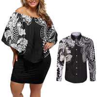 Japanese Irezumi and Hawaiian Polynesian Art Tattoo Couples Matching Off Shoulder Short Dress and Long Sleeve Button Shirt Black Color - Polynesian Pride