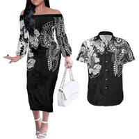 Japanese Irezumi and Hawaiian Polynesian Art Tattoo Couples Matching Off The Shoulder Long Sleeve Dress and Hawaiian Shirt Black Color - Polynesian Pride