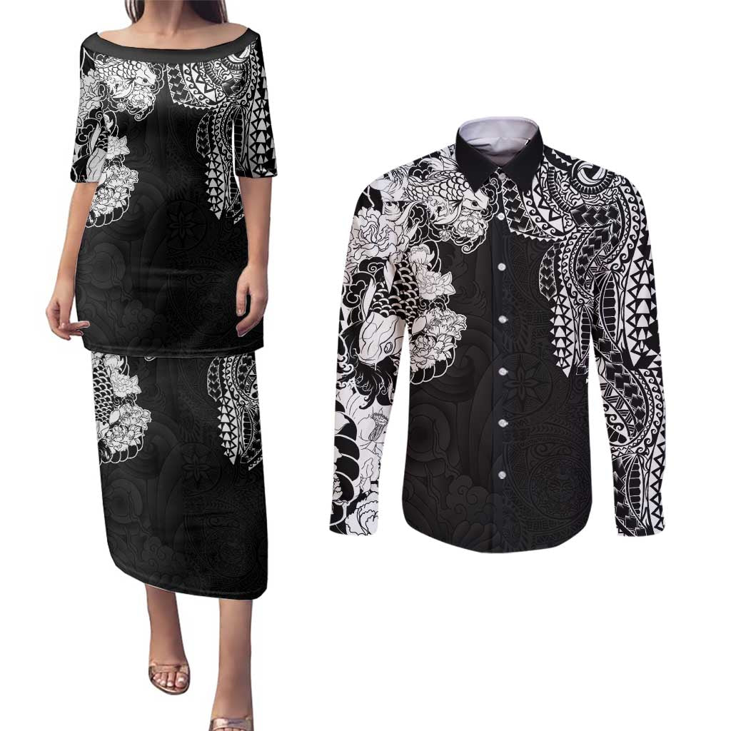 Japanese Irezumi and Hawaiian Polynesian Art Tattoo Couples Matching Puletasi and Long Sleeve Button Shirt Black Color LT03 Black - Polynesian Pride