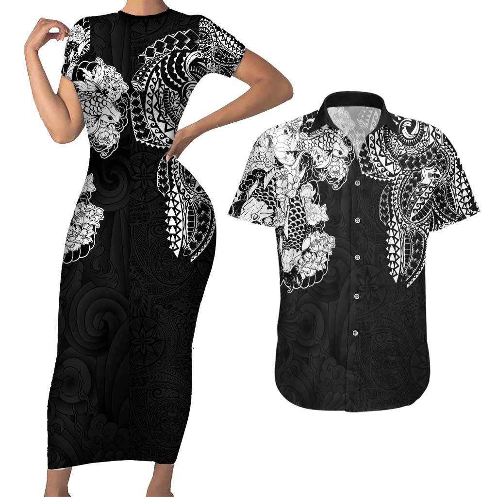 Japanese Irezumi and Hawaiian Polynesian Art Tattoo Couples Matching Short Sleeve Bodycon Dress and Hawaiian Shirt Black Color - Polynesian Pride