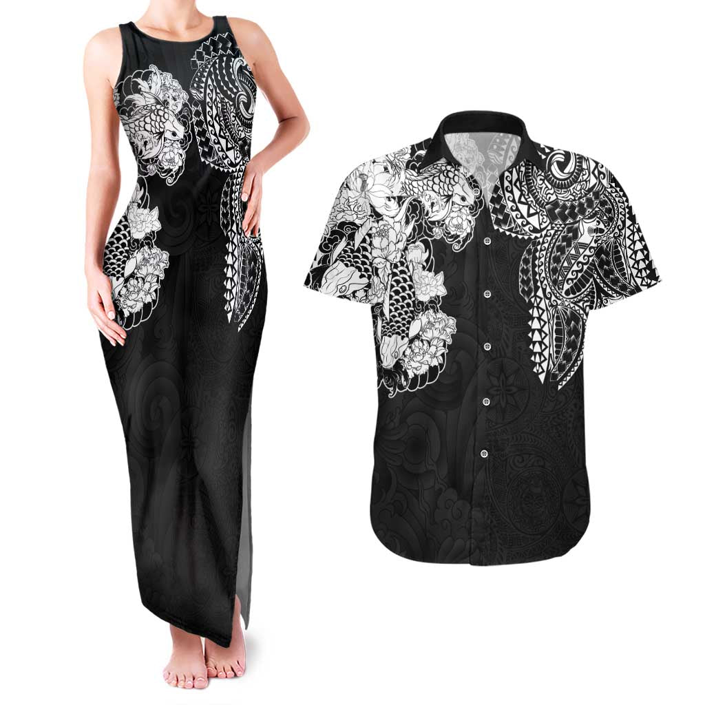 Japanese Irezumi and Hawaiian Polynesian Art Tattoo Couples Matching Tank Maxi Dress and Hawaiian Shirt Black Color - Polynesian Pride