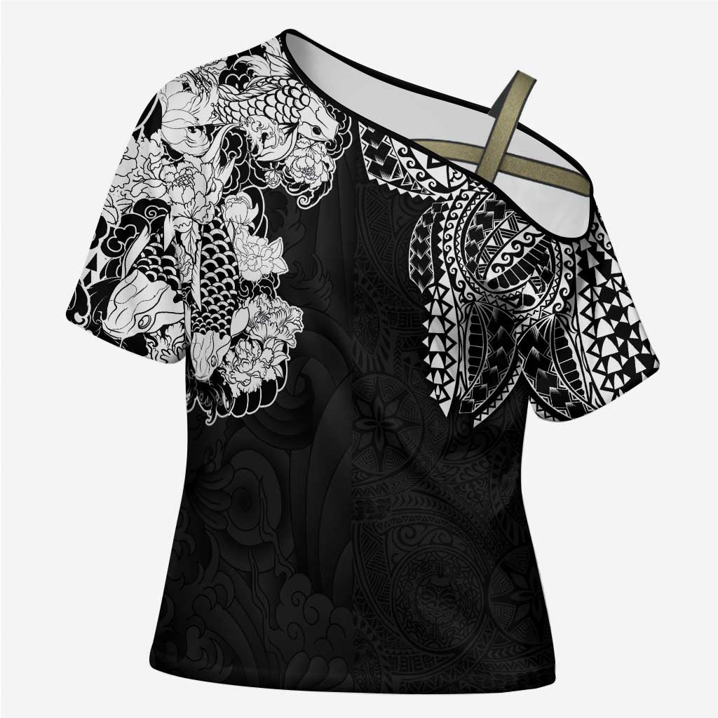 Japanese Irezumi and Hawaiian Polynesian Art Tattoo Cross Shoulder Shirt Black Color LT03 Female Black - Polynesian Pride