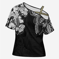 Japanese Irezumi and Hawaiian Polynesian Art Tattoo Cross Shoulder Shirt Black Color LT03 Female Black - Polynesian Pride