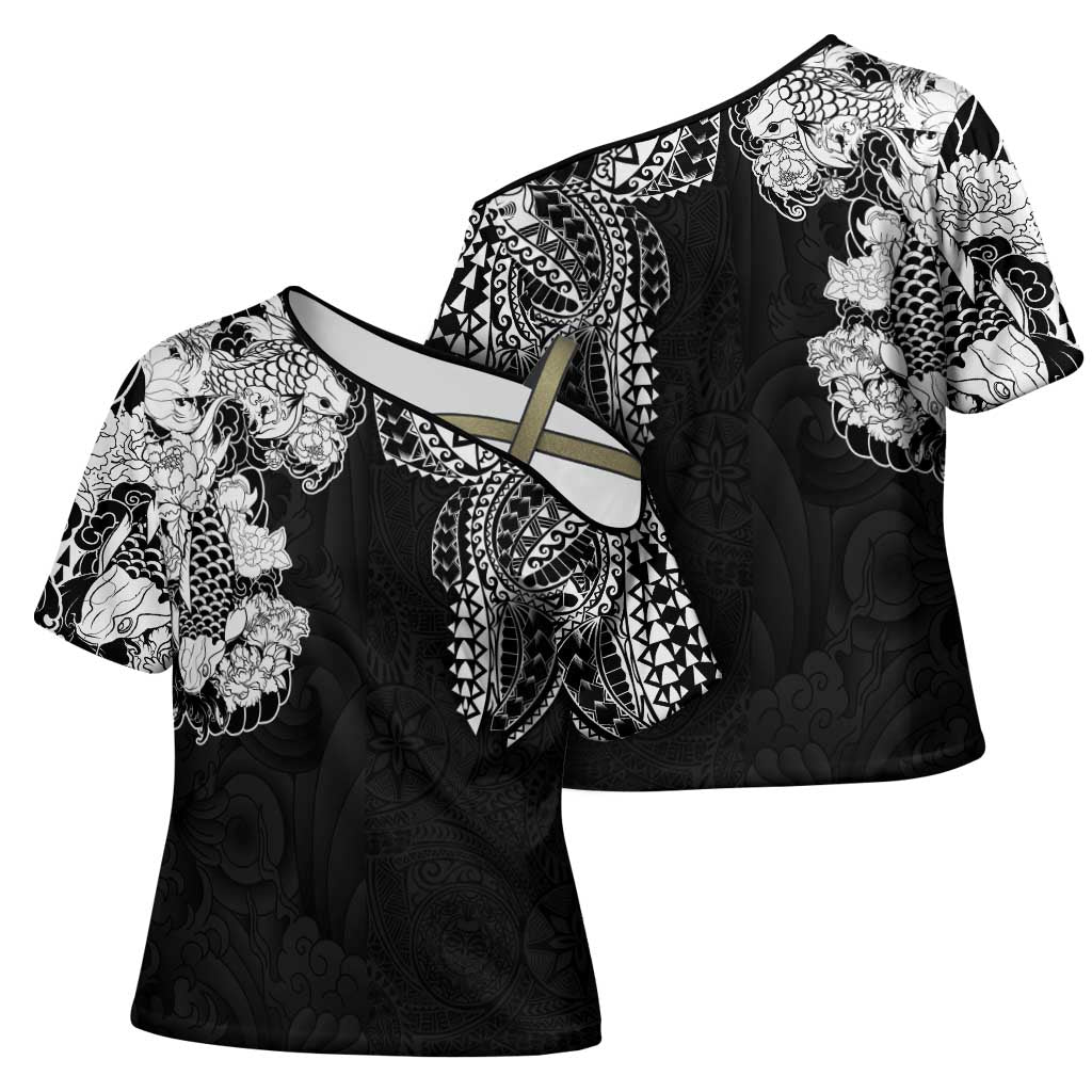 Japanese Irezumi and Hawaiian Polynesian Art Tattoo Cross Shoulder Shirt Black Color LT03 - Polynesian Pride