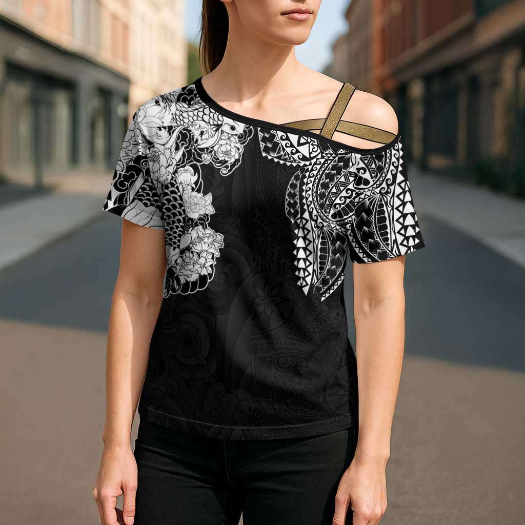 Japanese Irezumi and Hawaiian Polynesian Art Tattoo Cross Shoulder Shirt Black Color LT03 - Polynesian Pride