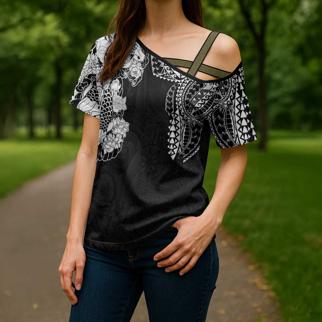 Japanese Irezumi and Hawaiian Polynesian Art Tattoo Cross Shoulder Shirt Black Color LT03 - Polynesian Pride