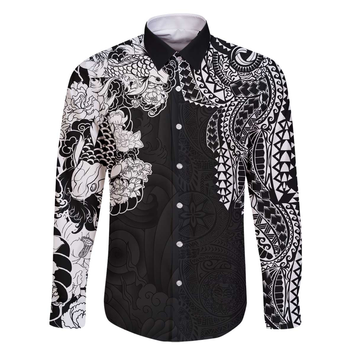 Japanese Irezumi and Hawaiian Polynesian Art Tattoo Family Matching Off The Shoulder Long Sleeve Dress and Hawaiian Shirt Black Color - Polynesian Pride