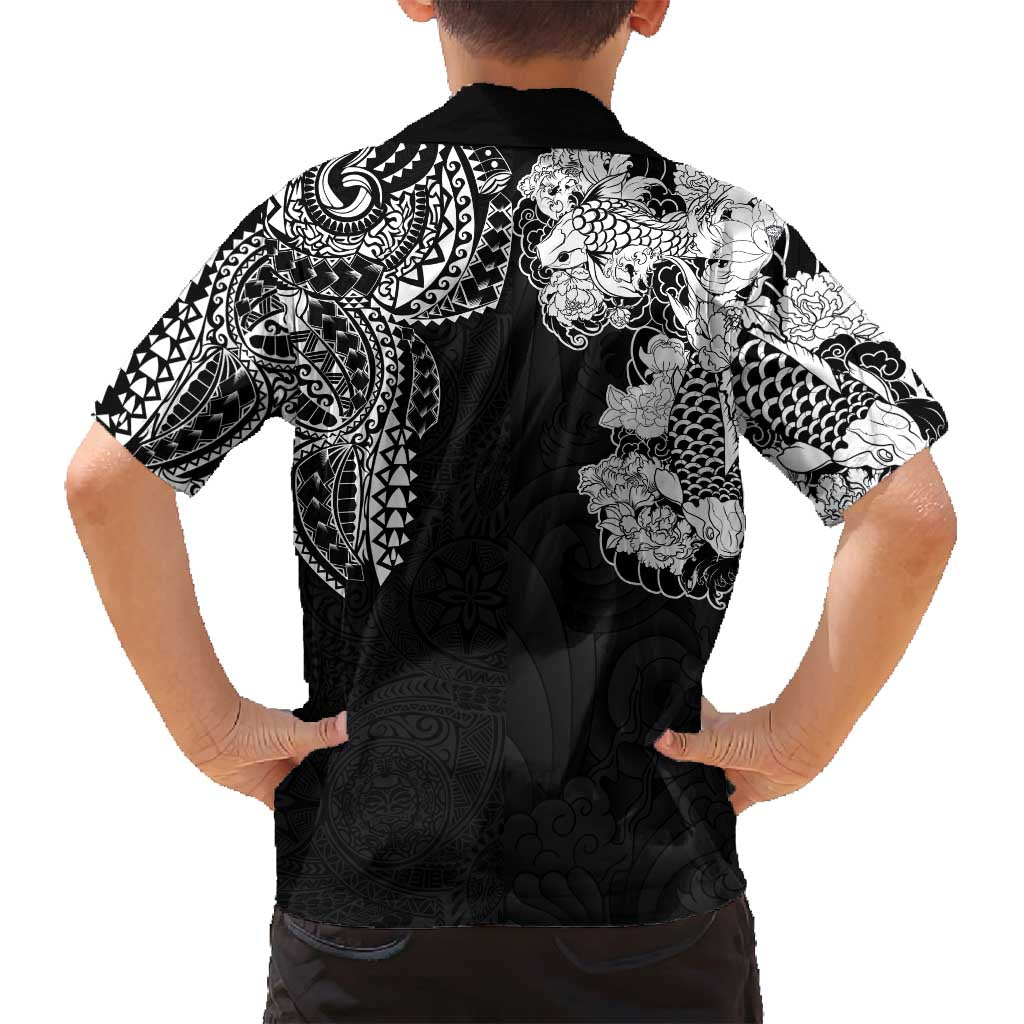 Japanese Irezumi and Hawaiian Polynesian Art Tattoo Family Matching Puletasi and Hawaiian Shirt Black Color - Polynesian Pride
