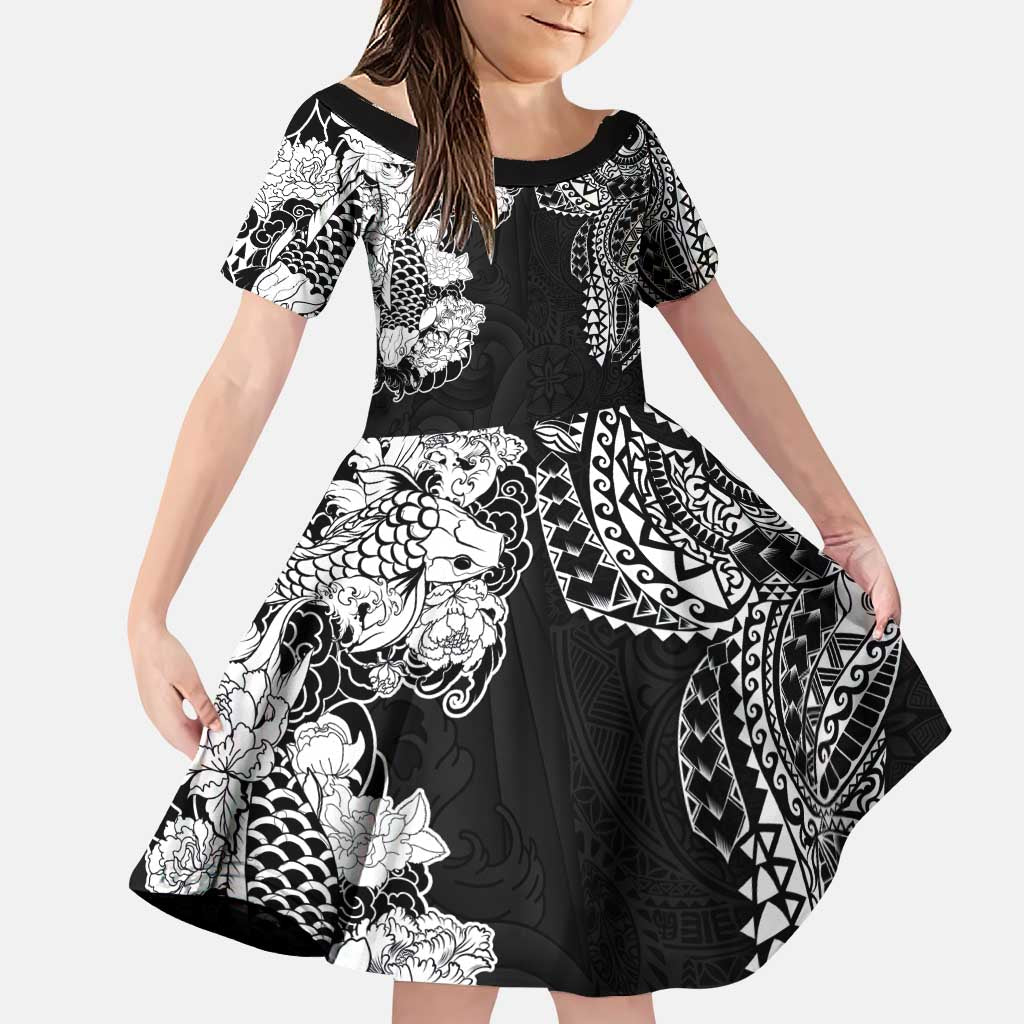 Japanese Irezumi and Hawaiian Polynesian Art Tattoo Family Matching Puletasi and Hawaiian Shirt Black Color - Polynesian Pride