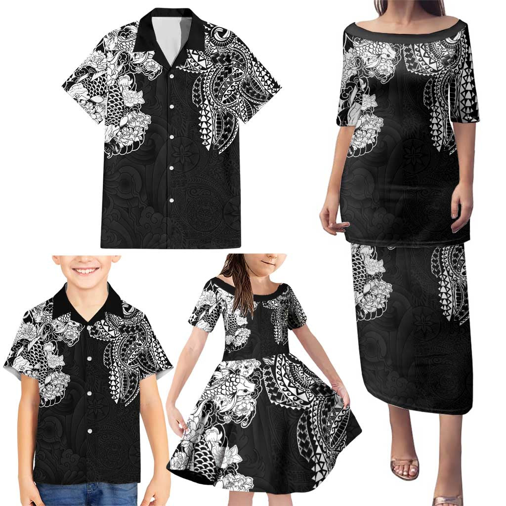 Japanese Irezumi and Hawaiian Polynesian Art Tattoo Family Matching Puletasi and Hawaiian Shirt Black Color LT03 - Polynesian Pride