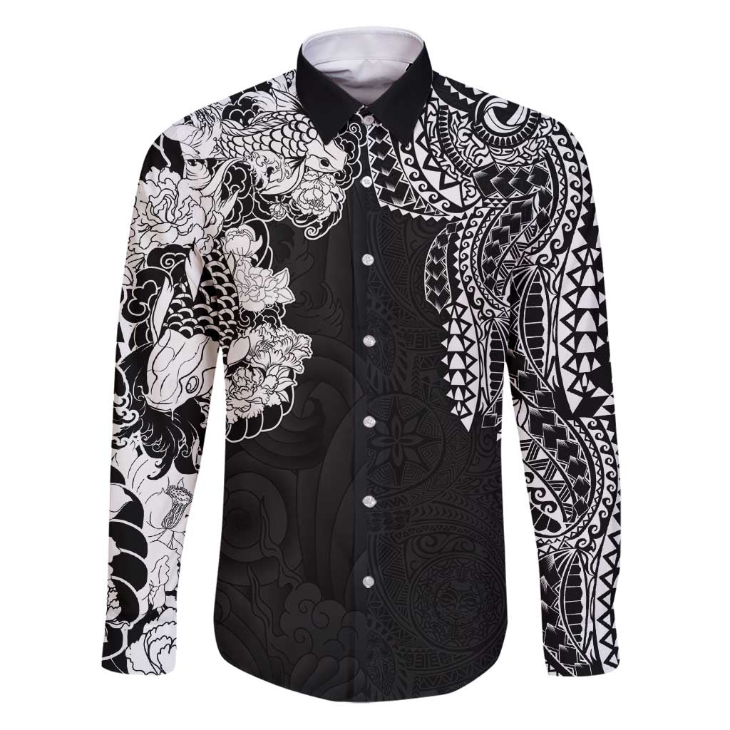 Japanese Irezumi and Hawaiian Polynesian Art Tattoo Family Matching Puletasi and Hawaiian Shirt Black Color - Polynesian Pride