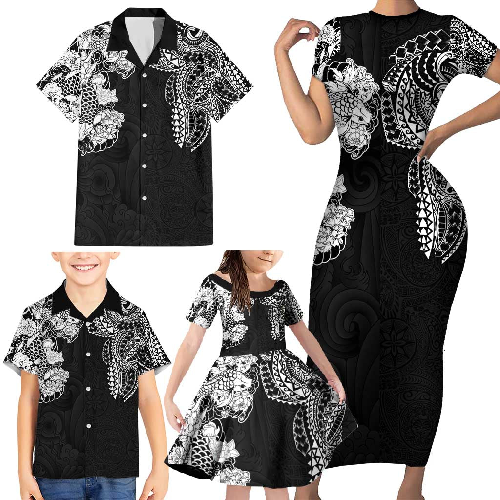 Japanese Irezumi and Hawaiian Polynesian Art Tattoo Family Matching Short Sleeve Bodycon Dress and Hawaiian Shirt Black Color - Polynesian Pride