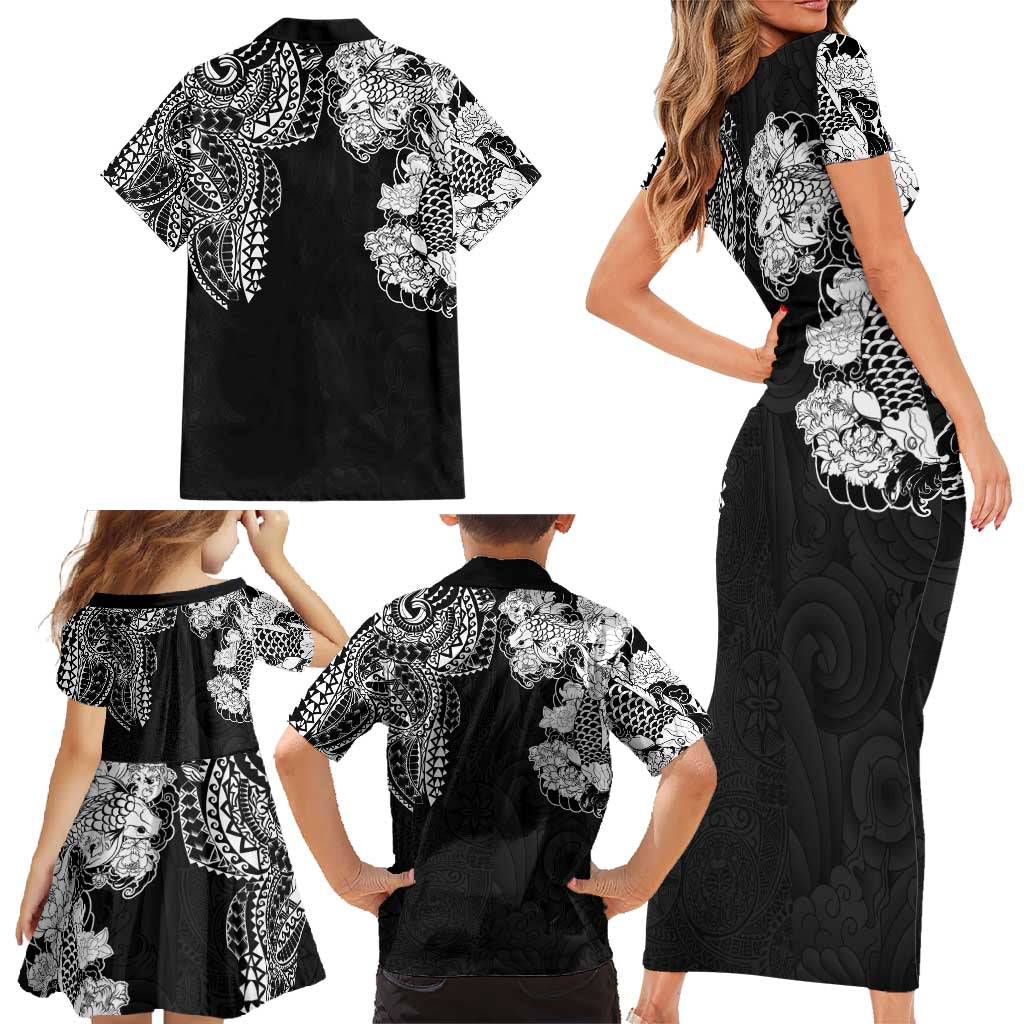 Japanese Irezumi and Hawaiian Polynesian Art Tattoo Family Matching Short Sleeve Bodycon Dress and Hawaiian Shirt Black Color - Polynesian Pride