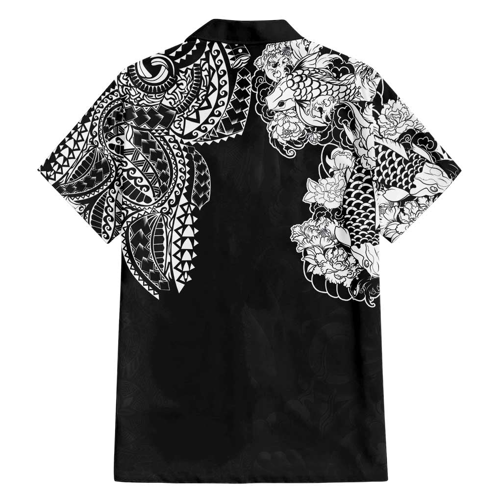 Japanese Irezumi and Hawaiian Polynesian Art Tattoo Family Matching Short Sleeve Bodycon Dress and Hawaiian Shirt Black Color - Polynesian Pride