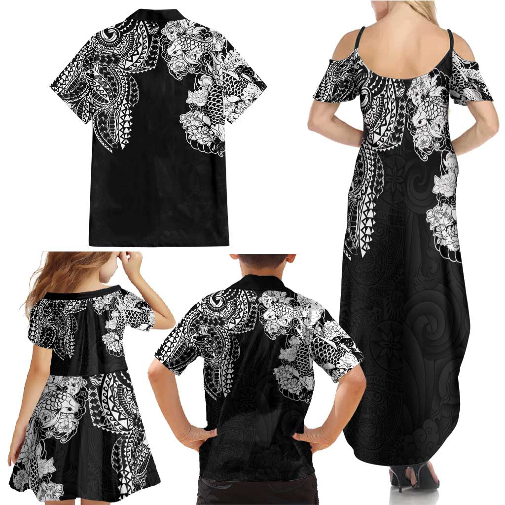Japanese Irezumi and Hawaiian Polynesian Art Tattoo Family Matching Summer Maxi Dress and Hawaiian Shirt Black Color - Polynesian Pride
