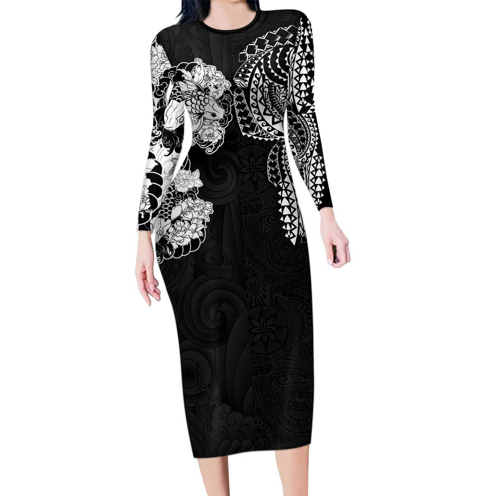 Japanese Irezumi and Hawaiian Polynesian Art Tattoo Long Sleeve Bodycon Dress Black Color - Polynesian Pride