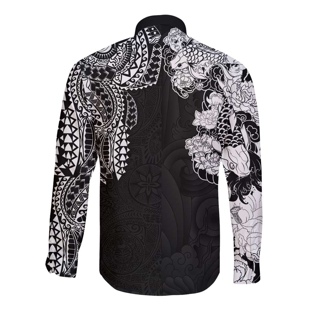 Japanese Irezumi and Hawaiian Polynesian Art Tattoo Long Sleeve Button Shirt Black Color LT03 - Polynesian Pride