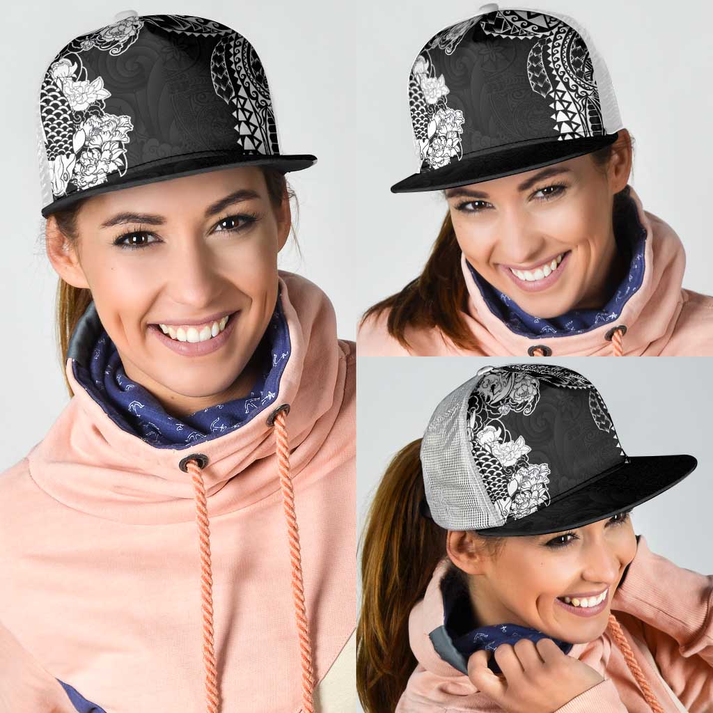 Japanese Irezumi and Hawaiian Polynesian Art Tattoo Mesh Trucker Cap Black Color - Polynesian Pride