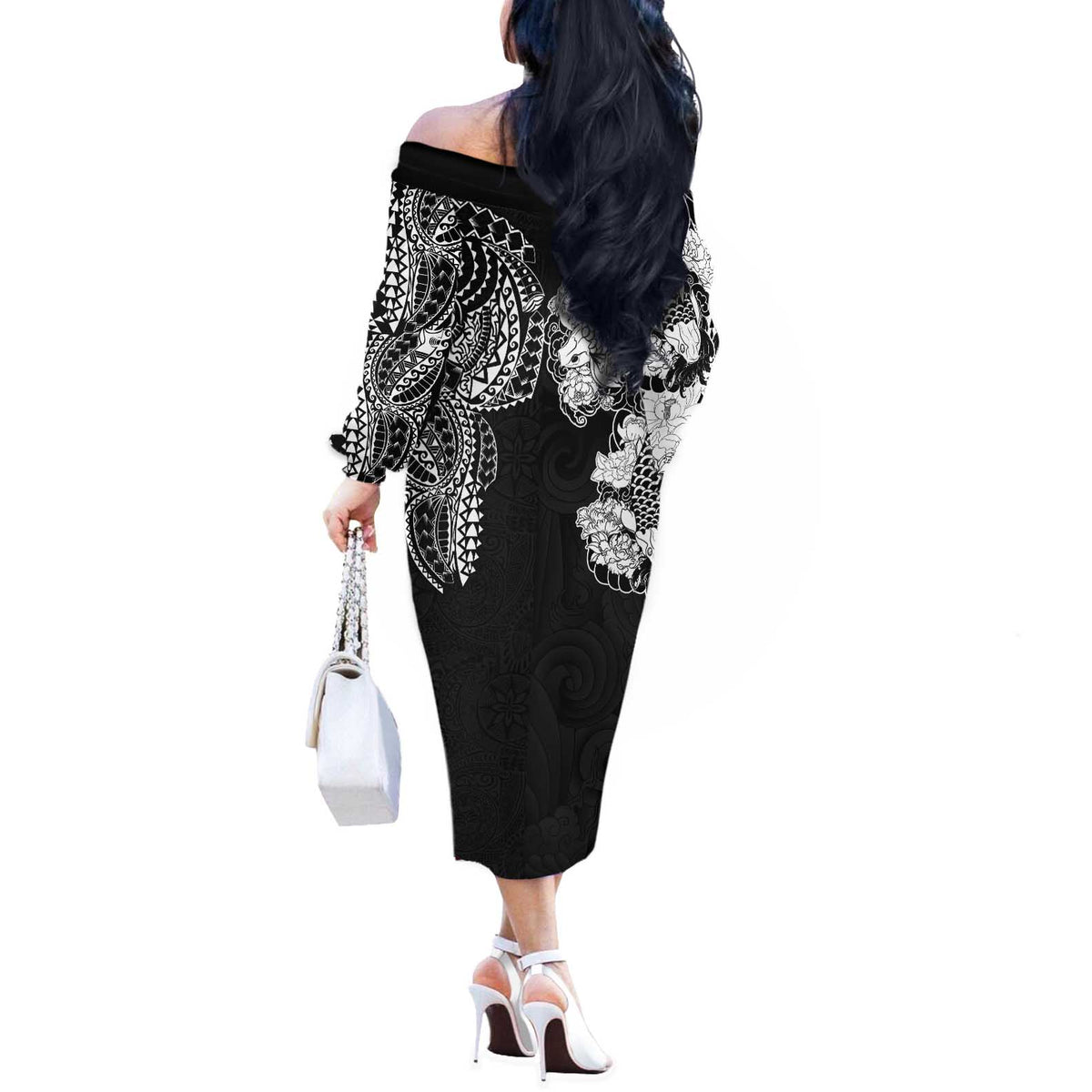 Japanese Irezumi and Hawaiian Polynesian Art Tattoo Off The Shoulder Long Sleeve Dress Black Color - Polynesian Pride