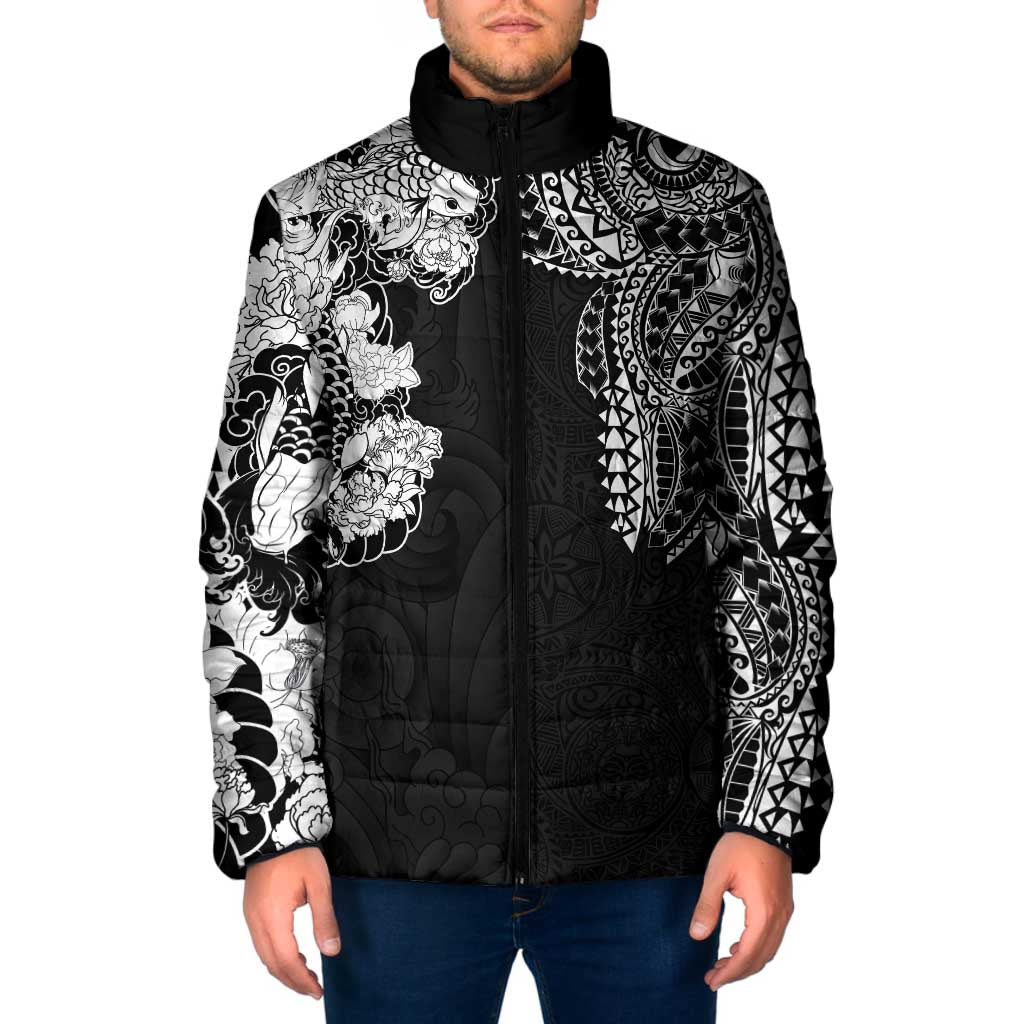 Japanese Irezumi and Hawaiian Polynesian Art Tattoo Padded Jacket Black Color LT03 Men Black - Polynesian Pride