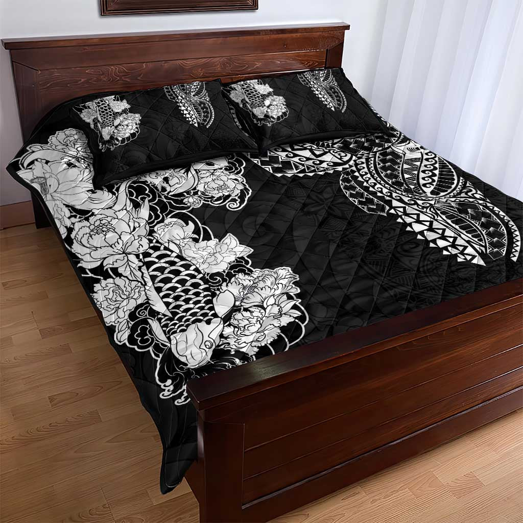 Japanese Irezumi and Hawaiian Polynesian Art Tattoo Quilt Bed Set Black Color - Polynesian Pride