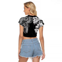 Japanese Irezumi and Hawaiian Polynesian Art Tattoo Raglan Cropped T Shirt Black Color - Polynesian Pride