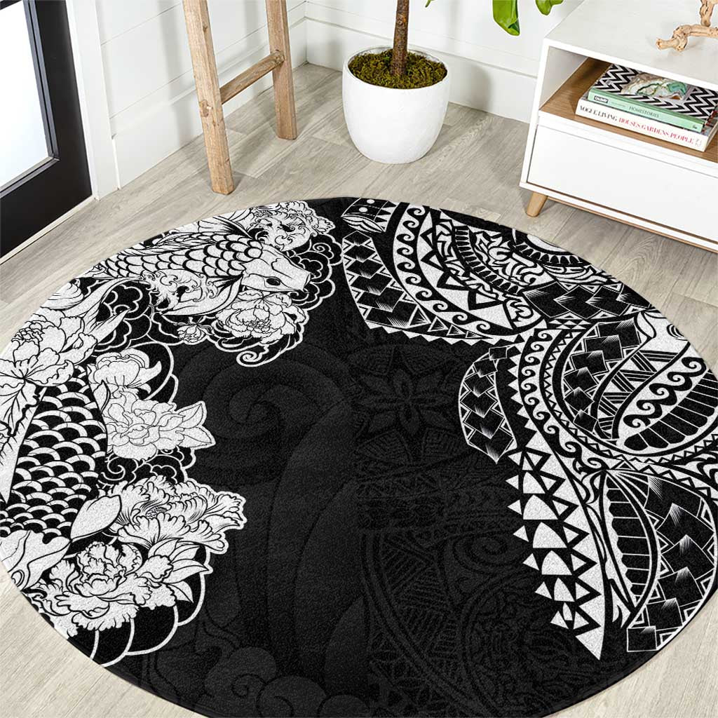 Japanese Irezumi and Hawaiian Polynesian Art Tattoo Round Carpet Black Color - Polynesian Pride