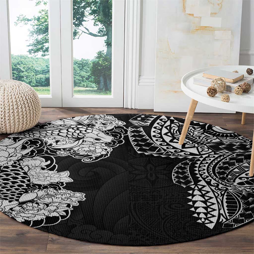 Japanese Irezumi and Hawaiian Polynesian Art Tattoo Round Carpet Black Color - Polynesian Pride