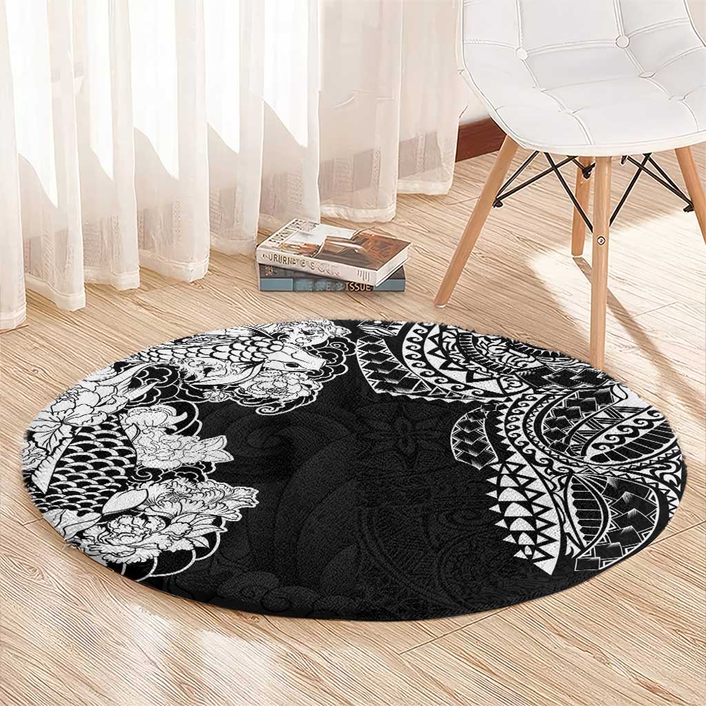 Japanese Irezumi and Hawaiian Polynesian Art Tattoo Round Carpet Black Color - Polynesian Pride