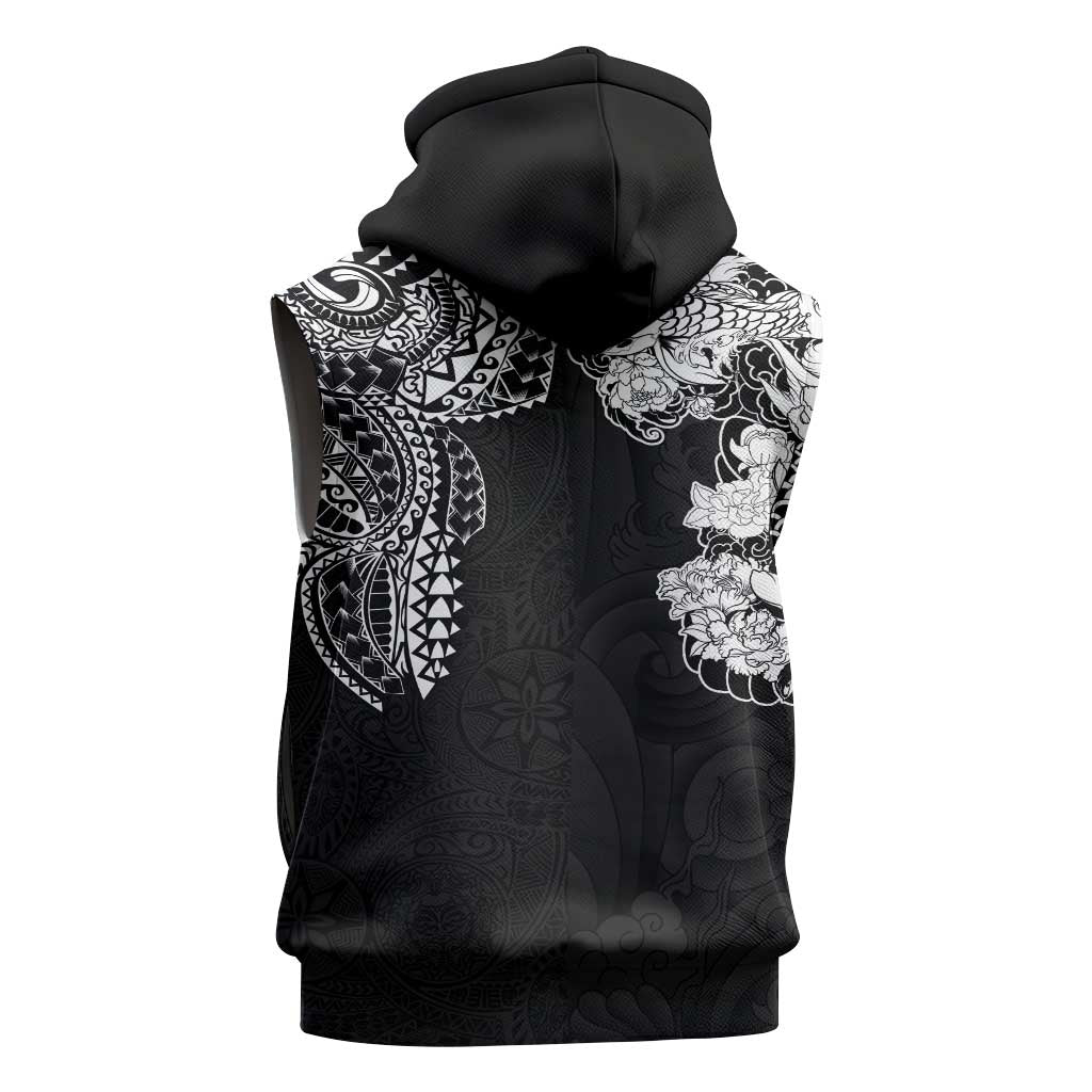 Japanese Irezumi and Hawaiian Polynesian Art Tattoo Sleeveless Zip Hoodie Black Color - Polynesian Pride