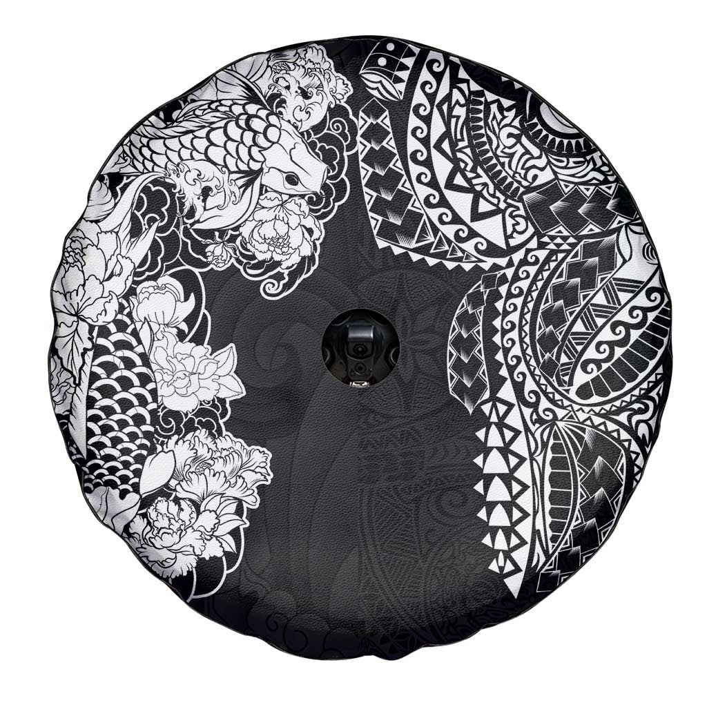 Japanese Irezumi and Hawaiian Polynesian Art Tattoo Spare Tire Cover Black Color - Polynesian Pride