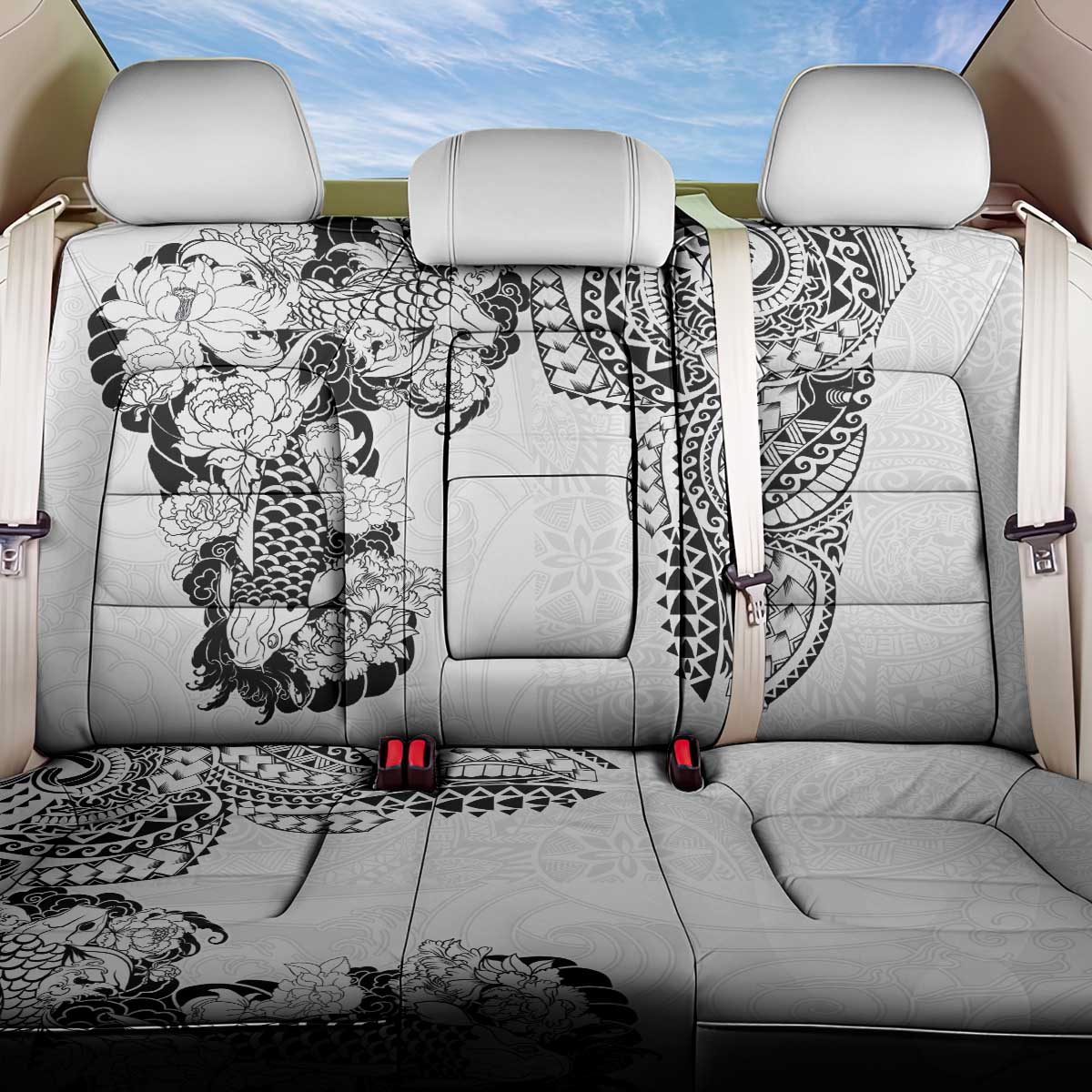Japanese Irezumi and Hawaiian Polynesian Art Tattoo Back Car Seat Cover White Color - Polynesian Pride