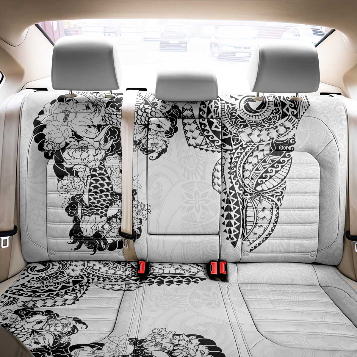 Japanese Irezumi and Hawaiian Polynesian Art Tattoo Back Car Seat Cover White Color - Polynesian Pride