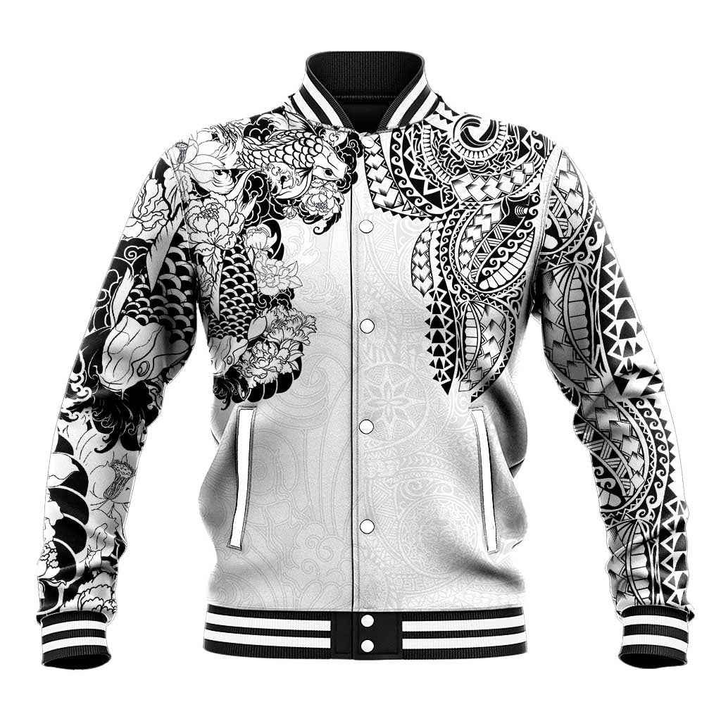 Japanese Irezumi and Hawaiian Polynesian Art Tattoo Baseball Jacket White Color LT03 Unisex White - Polynesian Pride