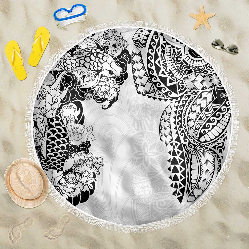 Japanese Irezumi and Hawaiian Polynesian Art Tattoo Beach Blanket White Color LT03 One Size 150cm White - Polynesian Pride