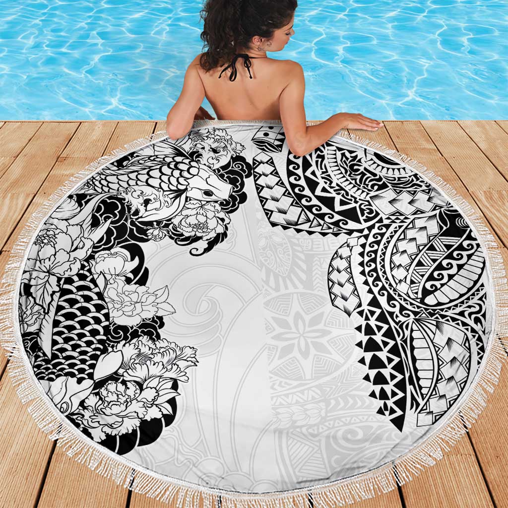 Japanese Irezumi and Hawaiian Polynesian Art Tattoo Beach Blanket White Color LT03 - Polynesian Pride
