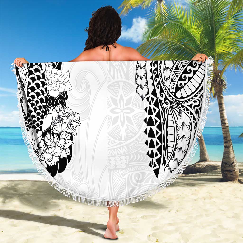 Japanese Irezumi and Hawaiian Polynesian Art Tattoo Beach Blanket White Color LT03 - Polynesian Pride