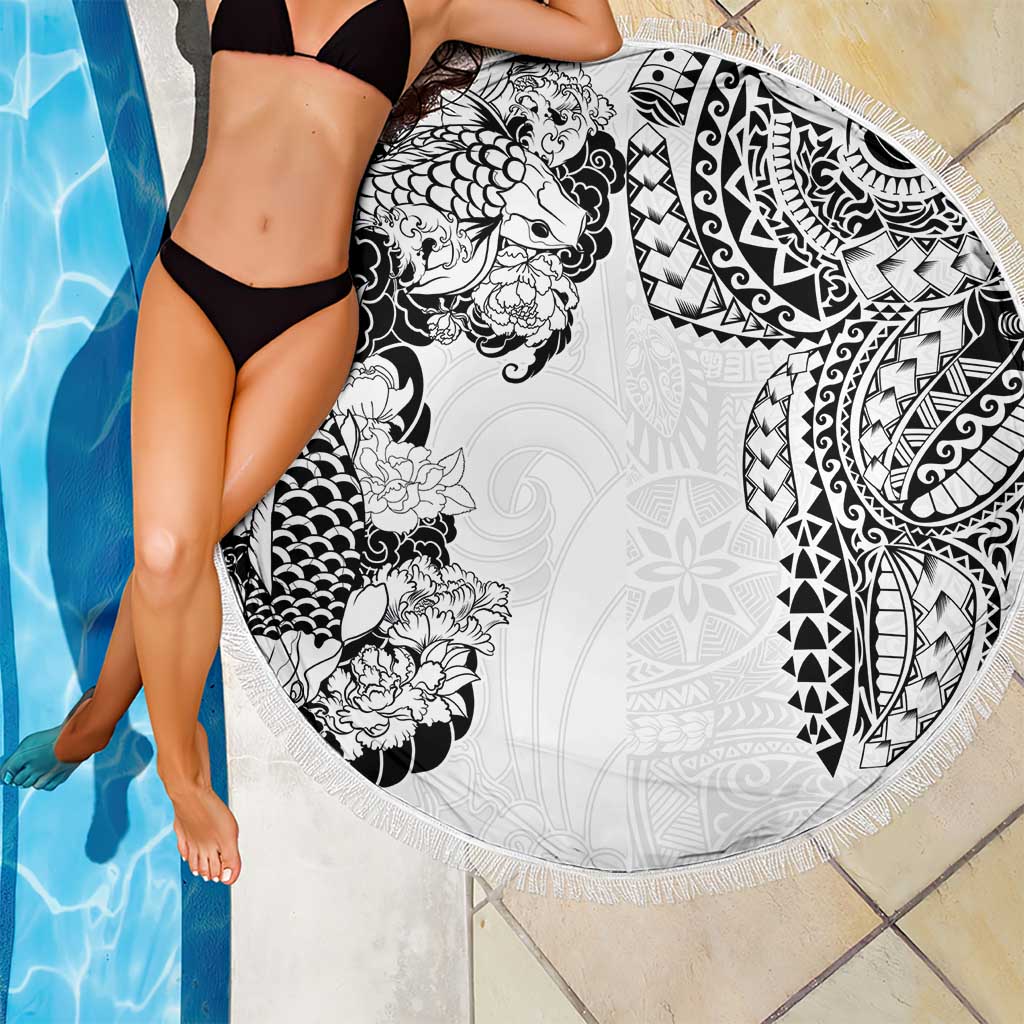 Japanese Irezumi and Hawaiian Polynesian Art Tattoo Beach Blanket White Color LT03 - Polynesian Pride