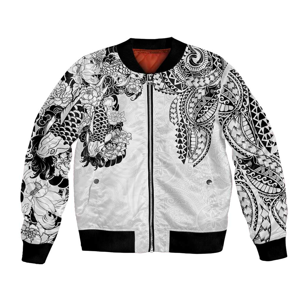 Japanese Irezumi and Hawaiian Polynesian Art Tattoo Bomber Jacket White Color - Polynesian Pride