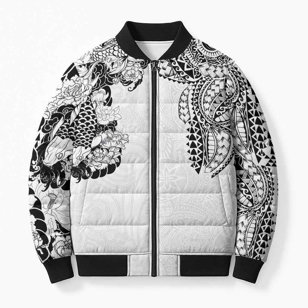 Japanese Irezumi and Hawaiian Polynesian Art Tattoo Bomber Puffer Jacket White Color LT03 Unisex White - Polynesian Pride