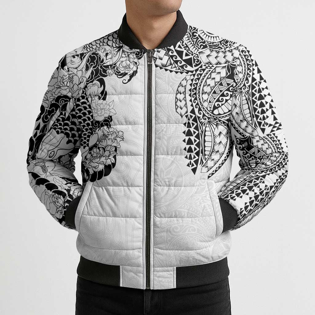 Japanese Irezumi and Hawaiian Polynesian Art Tattoo Bomber Puffer Jacket White Color LT03 - Polynesian Pride