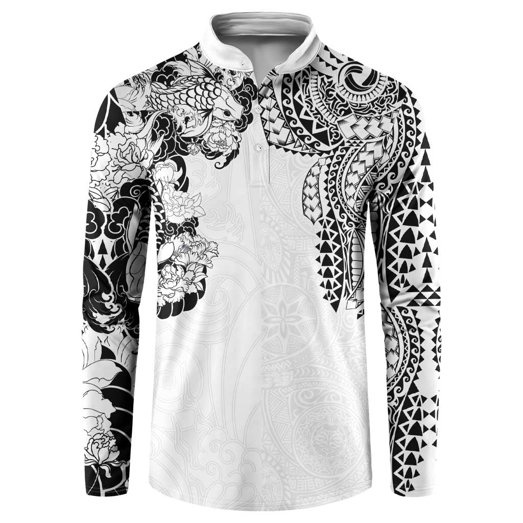 Japanese Irezumi and Hawaiian Polynesian Art Tattoo Button Sweatshirt White Color LT03 White - Polynesian Pride