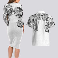 Japanese Irezumi and Hawaiian Polynesian Art Tattoo Couples Matching Long Sleeve Bodycon Dress and Hawaiian Shirt White Color - Polynesian Pride