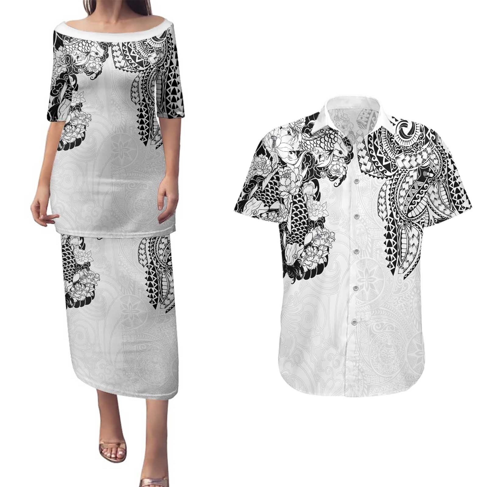 Japanese Irezumi and Hawaiian Polynesian Art Tattoo Couples Matching Puletasi and Hawaiian Shirt White Color LT03 White - Polynesian Pride