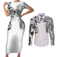 Japanese Irezumi and Hawaiian Polynesian Art Tattoo Couples Matching Short Sleeve Bodycon Dress and Long Sleeve Button Shirt White Color - Polynesian Pride